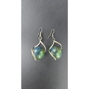 Green Blue Glass Orb Dangle Drop Earrings Gold Tone Swirl Womens Boho Jewelry